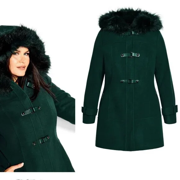 216. CITY CHIC Wonderwall NWT Alpine Green Faux Fur Trim Coat XXL - Picture 2 of 3